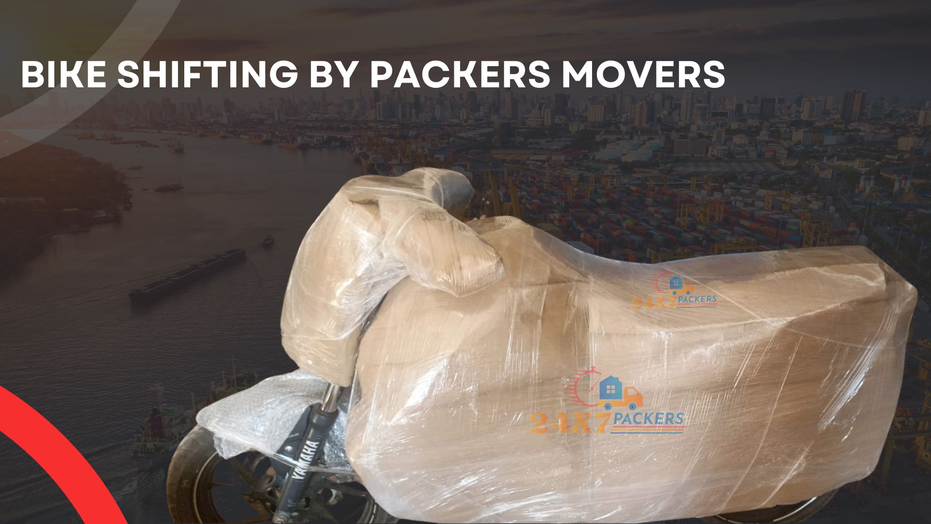 Fully packed Indian motorbike by packers and movers using cargo, bubble wrap, and lamination for safe transportation. The bike is securely wrapped in protective materials ensuring its safety during the move."